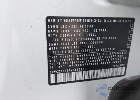 2023 Volkswagen Taos 1.5T S из США, поврежденный, VIN 3VVCX7B29PM36783